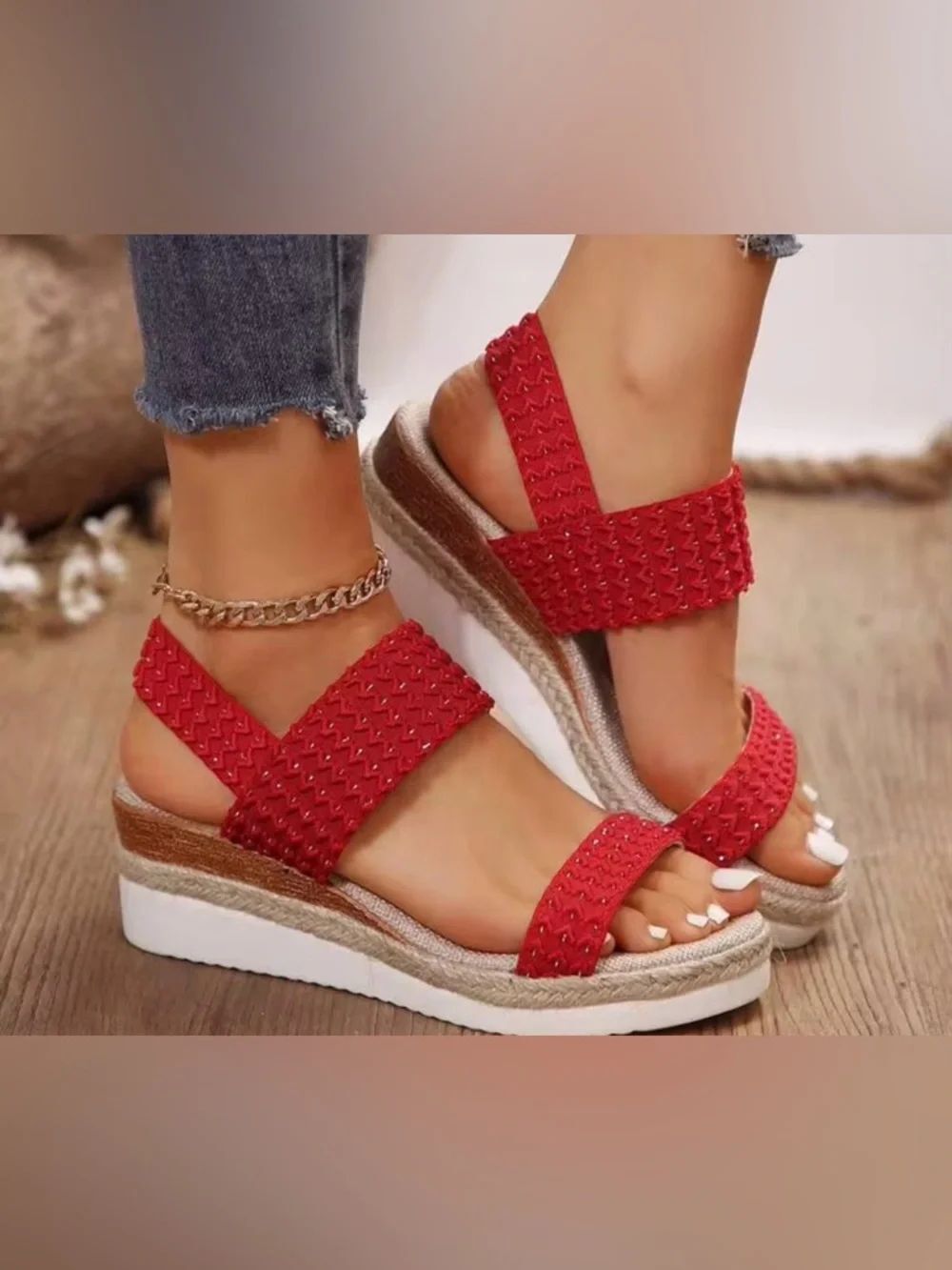 Women’s Red Wedge Sandals with Braided Straps
